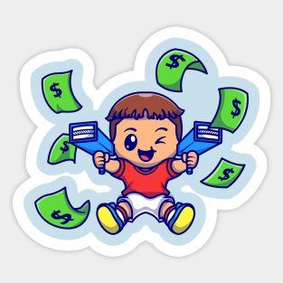 Cute Boy With Money Gun Cartoon Sticker